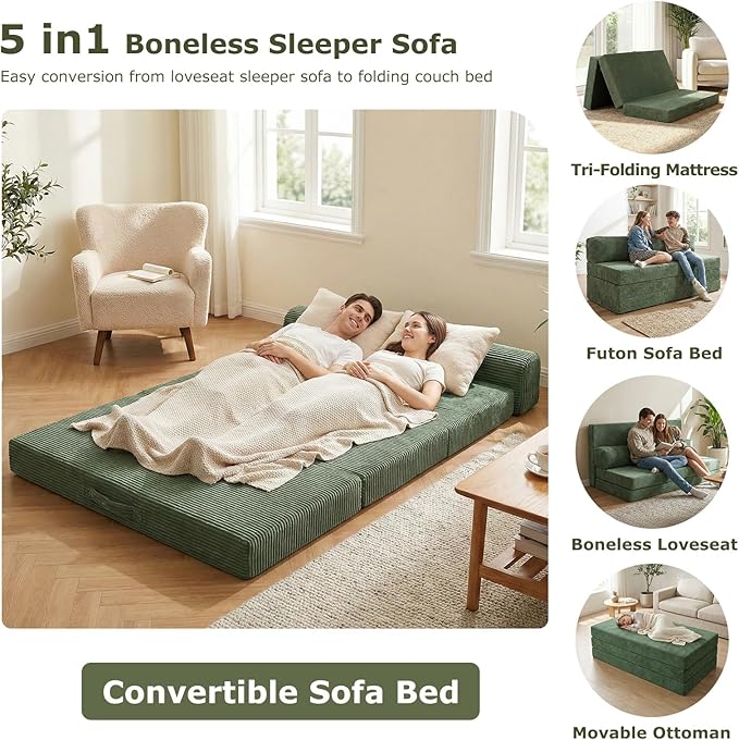5-in-1 Convertible Sofa Bed, Boneless Loveseat Sleeper with Removable Cushions & Washable Cover, Futon Sofa Bed with Handle, Pull Out Couch for Small Spaces, Queen Size, Green