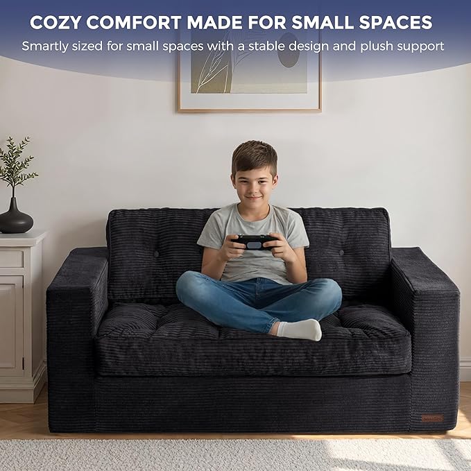 MAXYOYO Loveseat Sofa Couch, Upholstered Bean Bag Chair Cloud 2-Seat for Adults, Boneless Couch with Tufted Cushion & Pillows, Sofa in A Box, No Assembly Required, Black