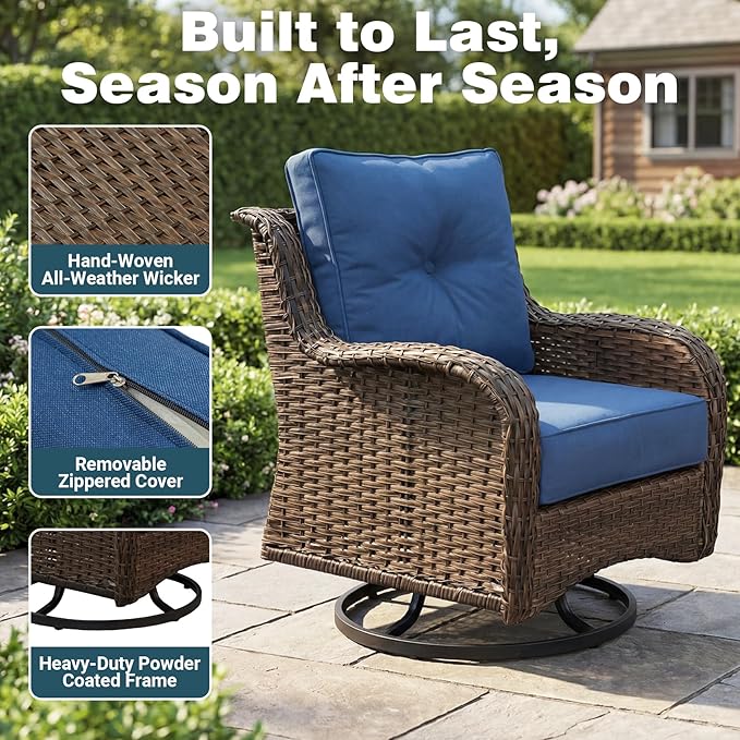 Patio Furniture Set, 5PCS Outdoor Wicker Conversation Set with 6" Thick Cushions, High Back Rattan Sofa & Swivel Rocker Chairs, Weather Resistant Olefin Fabric for Garden, Poolside, Navy Blue