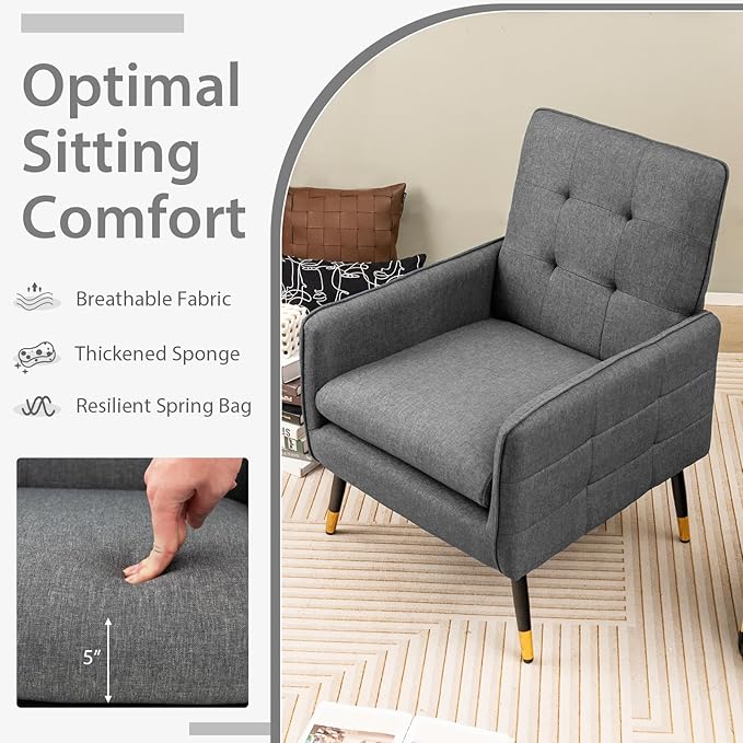 Giantex Modern Mid-Century Accent Chair - Upholstered Armchair with Tufted Back, Metal Legs, Adjustable Foot Pads, Linen Fabric Single Sofa Chair for Reading, Living Room Chair for Bedroom, Grey