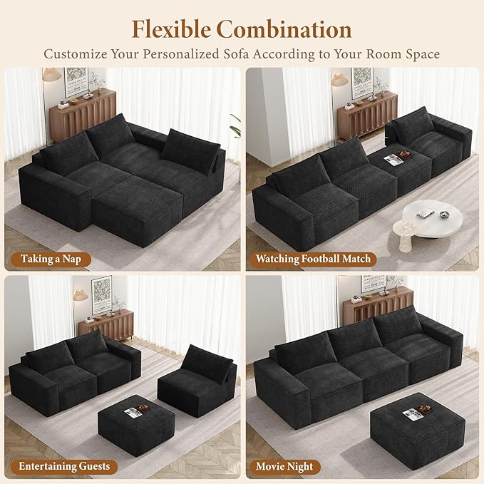 Vesgantti 114" Modular Boneless Couch, Modern 4 Sester Sectional Sofa with Deep Seat, Convertible Chenille L Shaped Cloud Couches for Living Room, No Assembly Required, Black