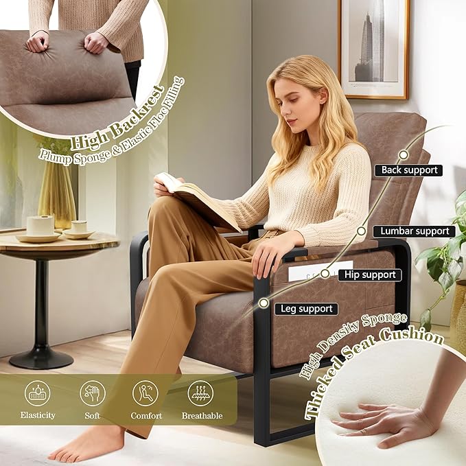 Accent Chair with Foldable Side Table PU Leather Upholstered Armchair for Bedroom Modern Living Room Chairs Office Chair Dark Brown