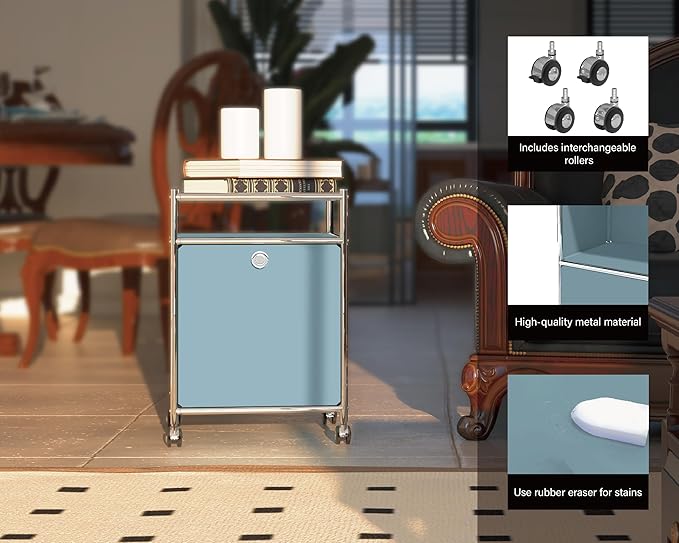 Elegant Matte Storage Cart with 22.8" Height - Perfect Side Table, Night Stand - Large Capacity with Flap Door, Detachable Wheels - Ideal for Home, Office, Bedroom, Kitchen (Blue)