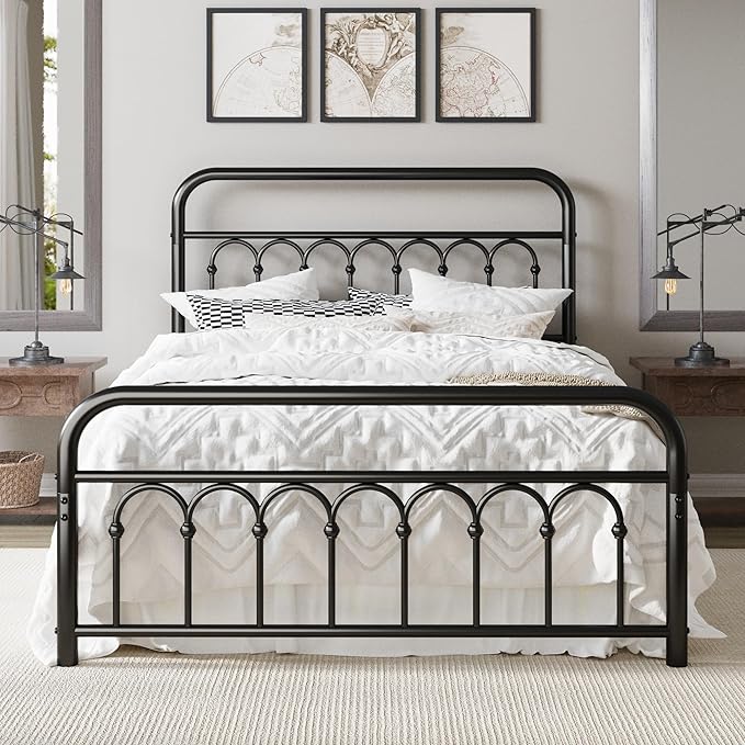 Allewie 14 Inches Full Size Metal Platform Bed Frame with Victorian Style Curved Iron-Art Headboard/Footboard, Metal Slats Support, Easy Assembly, Under Bed Storage, No Box Spring Required, Black