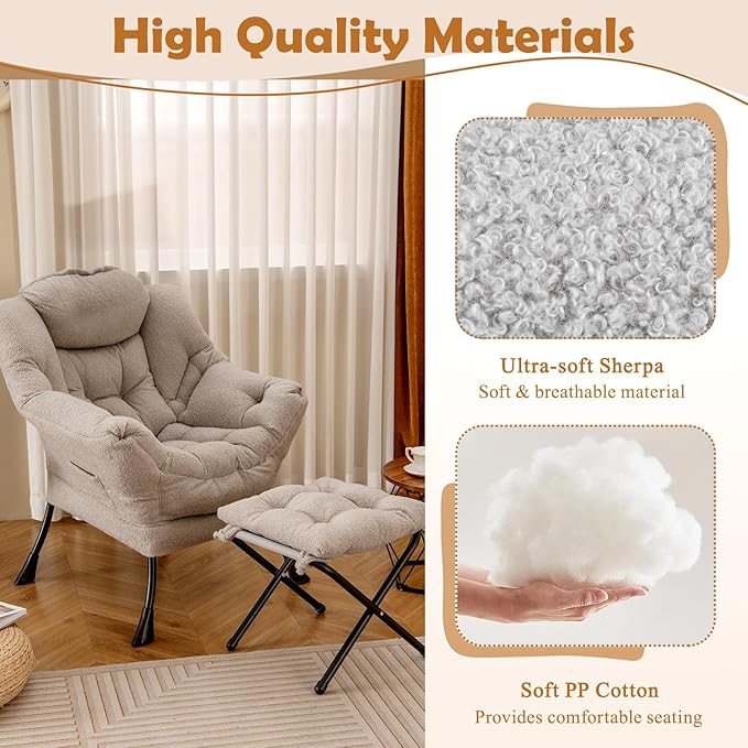 GORELAX Lazy Chair with Ottoman, Modern Accent Chair w/Armrests & Side Pocket, Upholstered Lounge Sofa Chair & Folding Footstool Set, Reading Chair for Bedroom, Living Room, Dorm Room (Plush Grey)