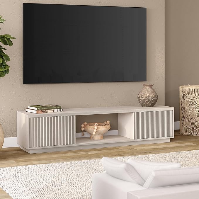 Henn&Hart Fluted TV Stand for TVs up to 78" with 2 Ribbed Side Storage Cabinets and Open Center Storage for Living Room, Family Room, or Office, Beech White