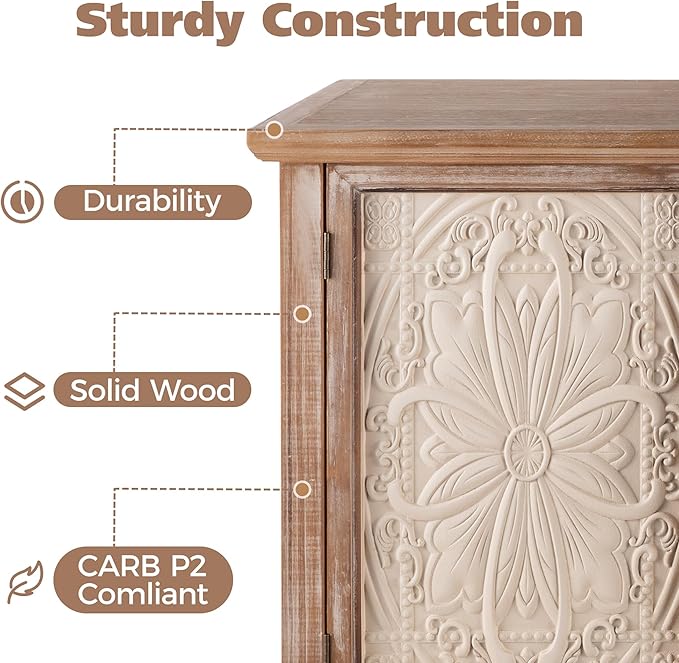 Accent Rustic Storage Cabinet With 3 Carved Doors, Vintage Sideboard Buffet With Shelves, Wood Entryway for Kitchen, Dining Room, Living Room, Bedroom, Natural