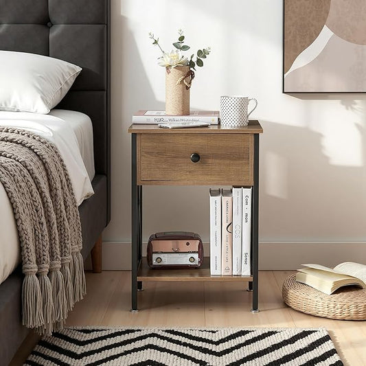 VECELO Night Stand Set of 2, End Tables with Drawer, 2-Tier Bedside Tables with X Shaped, Side Table Stand with Storage Shelf for Living Room/Bedroom,Walnut Brown