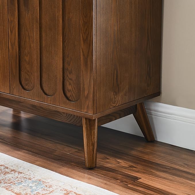 Ball & Cast 32" Mid Century Modern Sideboard Cabinet with Storage, Fluted Buffet Credenza Cabinet with Solid Wood Legs & Adjustable Shelf for Living Room, Entryway, Kitchen Coffee Bar, Walnut