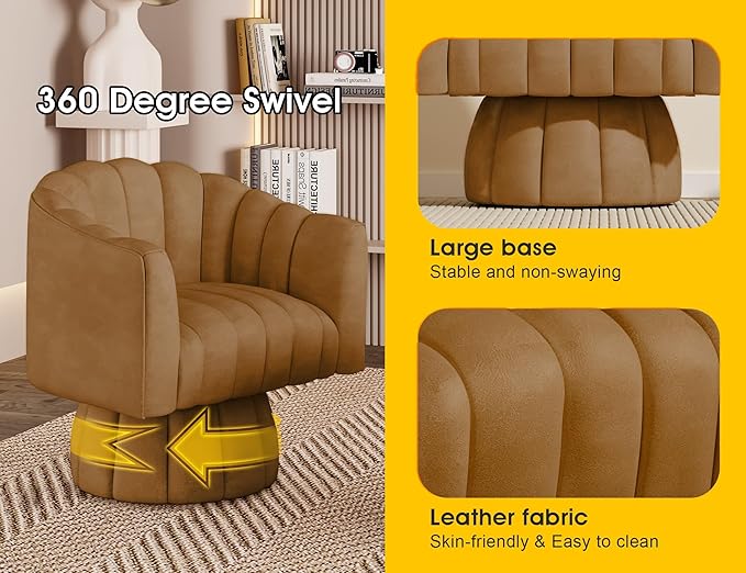 Modern 360 Degree Leather Swivel Cuddle Barrel Accent Sofa Chairs, Round Armchairs with Wide Upholstered, Leather Reading Chair for Living Room, Bedroom, Office, Waiting Rooms, (Brown)