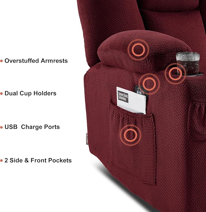 MCombo Zero Gravity 3 Seater Power Reclining Sofa with Heat and Vibration Massage, Recliner Couch for Living Room, Fabric 6035SET (Burgundy, 3 Seater)