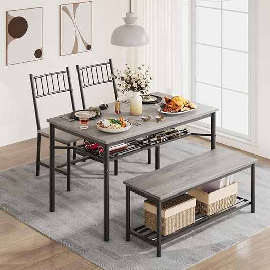Garvee Dining Table Set for 4 with Bench and Chairs, 4-Piece Kitchen Table Set with Storage – Space-Saving Dining Table for Apartments and Dining Rooms, Gray