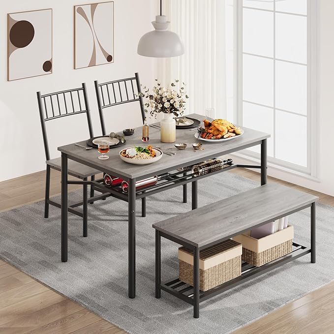 Dining Table Set for 4, Kitchen Table and Chairs for 4 with Wine Rack, Rectangular Dining Room Table Set with Bench, 4 Piece Dining Table Set for Small Space, Apartment, Retro Gray