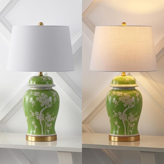 JONATHAN Y 29.5" Green/White Traditional Ceramic Ginger Jar Table Lamp for Living Room, Chinoiserie Asian Bedside Lamp with White Linen Shade and LED Bulb Included (JYL3047B)