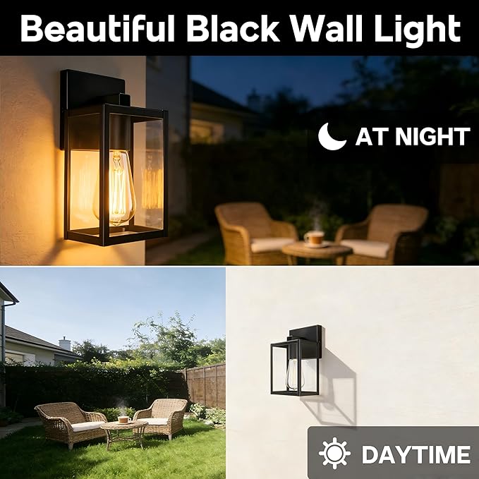 2 Pack Small Outdoor Sconce Lights,9 Inch Outdoor Wall Lantern Light,Exterior Sconce Metal and Glass Small Porch Light, Black Outdoor Lanterns for Front Porch Garage Balcony