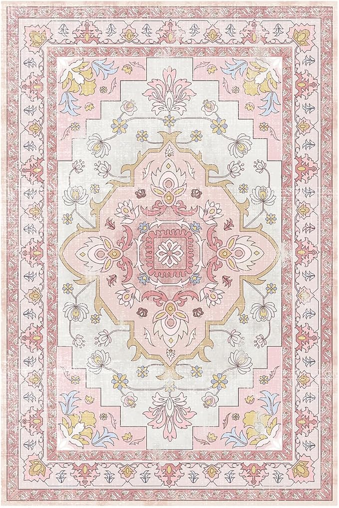MOSISO 5x7 Area Rug for Living Room, Washable Area Rug, Non-Slip Vintage National Area Rugs, Low Pile Carpet, Faux Wool Rectangular Area Rugs Carpet for Living Room Bedroom Dining Room, Home, Pink
