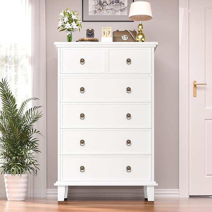 6 Drawer Tall Dresser for Bedroom, White Large Chest of Drawers, Modern Farmhouse 6 Drawers Storage Dresser for Living Room, Hallway, Entryway, Home Office
