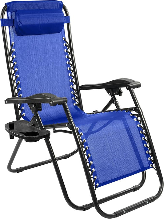 Elevon Zero Gravity Chair with Cup Holder & Removable Pillow, Adjustable Reclining Outdoor Patio Folding Chairs for Adults Portable Lounge Chair Furniture for Poolside, Lawn, Beach, Camping, Blue