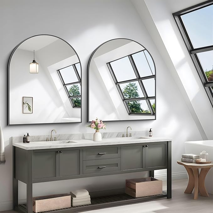 Black Arch Mirror, 36”x40” Black Mirror for Bathroom, Wide Arched Bathroom Mirror with Metal Wall Mounted Mirror for Bedroom Living Room Entryway Modern