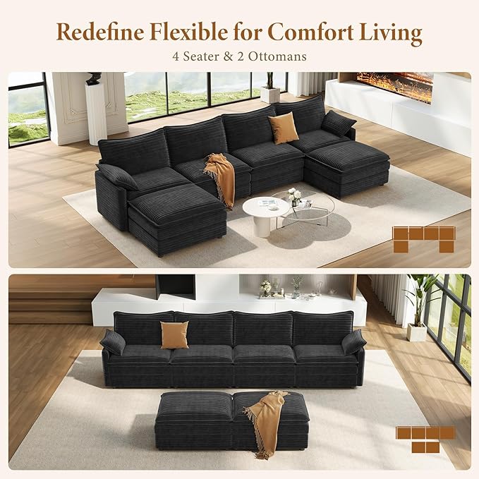 Vesgantti 142" U Shaped Sectional Cloud Couch, Large Cloud Modular Sectional Sofa with 2 Ottoman Deep Seat Corduroy Modern Modular Sofa Set for Living Room, Bedroom, Basement and Apartment, Gray | Sink-in Comfort, Height Adjustable, Easy Rearrangement,...
