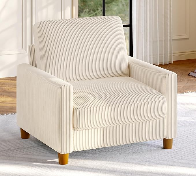 Welzona 35.3" Couches for Living Room, Comfy Beige Couch Single with 22.5" Deeper Seat, Accent Chair Tool-Free Setup, Reading Chair 440lbs Support, Corduroy Couch for Bedroom, Apartment, Office