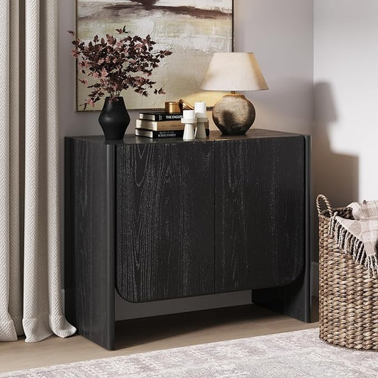 Nathan James Jacala Mid Century Modern Entryway Storage Cabinet with Doors, Living Room Accent Cabinet with Wood Frame, Black Oak