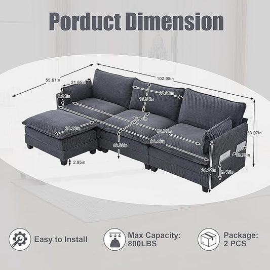 103" Oversized Modular Sectional Sofa Couch with Reversible Ottoman, Free Combination Convertible Corner Couch,Corduroy Upholstered Cloud Sectional Couch with Side Pockets | Multiple Cushions, DIY Combination, Removable Cover
