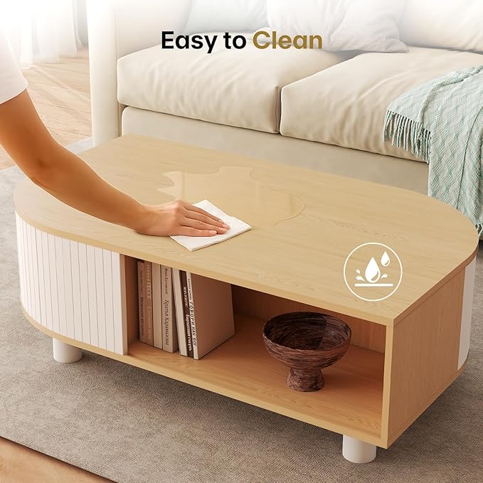 Boho 39.4" Coffee Table with Storage - Leaf-Shaped Wood Center Table, Retro Fluted Central Table with Sliding Door for Living Room Home Office, Oak