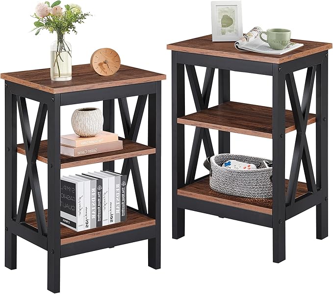 VECELO End Table Set of 2, Bedside Table, 24" Tall Living Room End Tables, X-Design Reinforced Nightstands, Side Table with 3-Tier Storage Shelves for Small Spaces, Office, Bathroom, Bedroom, Brown