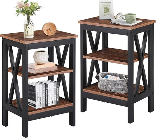 VECELO End Table Set of 2, Bedside Table, 24" Tall Living Room End Tables, X-Design Reinforced Nightstands, Side Table with 3-Tier Storage Shelves for Small Spaces, Office, Bathroom, Bedroom, Brown