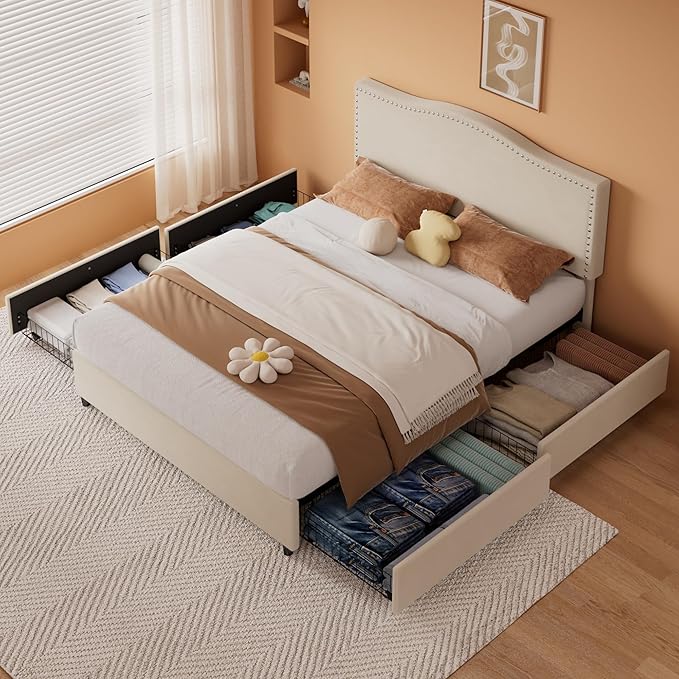 VECELO Queen Bed Frame, Platform Bed Frame with Underbed Storage Drawers and Adjustable Height Upholstered Headboard, Heavy-Duty Frame and Strong Wooden Slats Support, Noise-Free, Easy Assembly, Beige