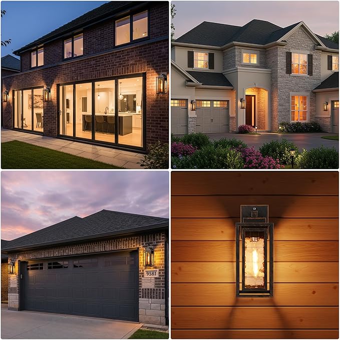 Dusk to Dawn Outdoor Wall Lantern, Water Ripple Exterior Porch Light Fixture Black Gold, 2 Pack Sensor Outside Lantern Lamp, Porch Mount Lamp for Doorway, Waterproof Wall Sconce Light (Bulb Included)