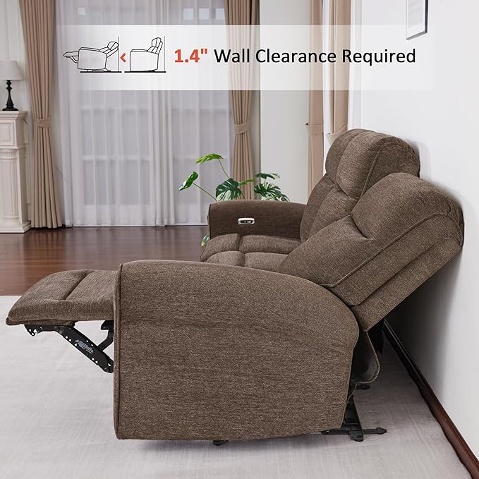 MCombo 87.8" Wall Hugger Power Reclining Sofa, 3-Seat Triple Recliner Couch with USB Ports, Rolled Arm Space Saving Recliner Sofa for Living Rooms Apartments RV, Fabric PR635M5 (Dark Brown) | 1.4" Wall Clearance