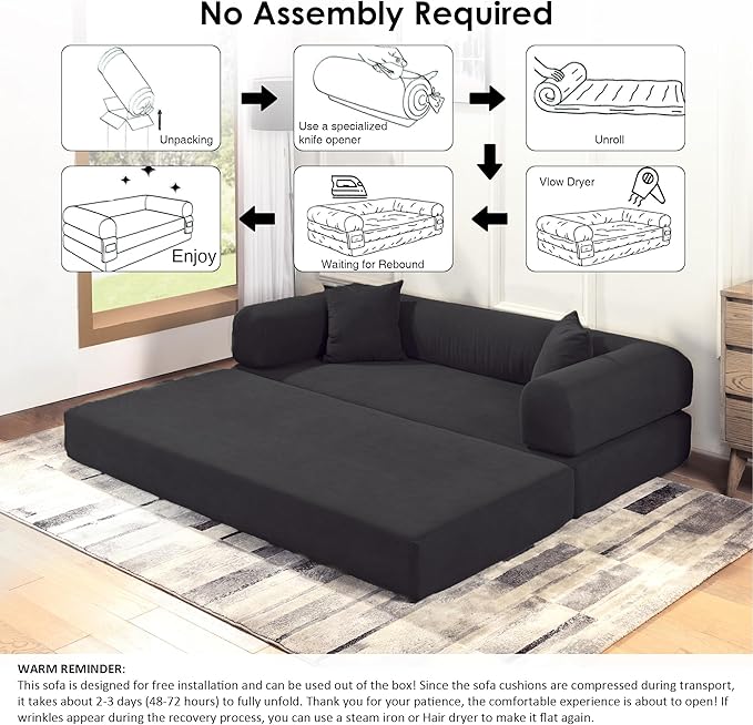 80" Convertible Sofa Bed, Corduroy Deep Seat Folding Pull Out Couch with Pillows, No Assembly Modern Boneless Couch Compression Sofa in Box, Floor Sofa with Storage Pocket for Living Room,Dark Grey
