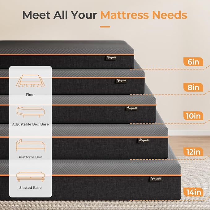 Vesgantti Queen Mattress, 14 Inch Gel Memory Foam Mattress Queen Size with Comfort Foam for Pressure Relief & Cool Sleep & Body Support, Made in USA, Medium Feel Bed in a Box, Grey