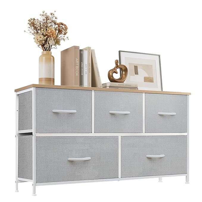 Dresser with 5 Drawers for Bedroom, Fabric Clothes Cabinet for Closet, Anti-Tip TV Stand for 45" TV, Storage Dresser with Metal Frame for Living Room, Entryway, Dorm, Light Grey