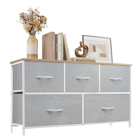 Dresser with 5 Drawers for Bedroom, Fabric Clothes Cabinet for Closet, Anti-Tip TV Stand for 45" TV, Storage Dresser with Metal Frame for Living Room, Entryway, Dorm, Light Grey