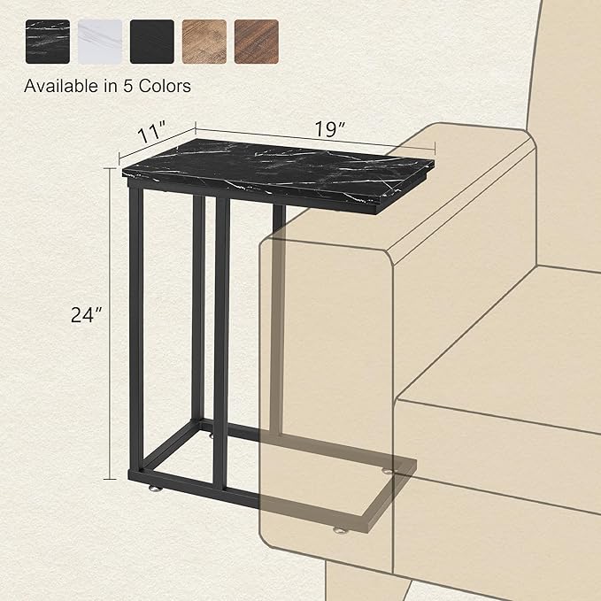 VECELO C Shaped End Side Table for Sofa Couch and Bed Snack TV Tray for Living Room Bedroom, 2 PCS, Black Marble