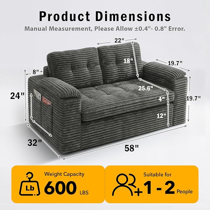 Loveseat Sofa, 58in Boneless Cloud Couch for Living Room 2 Seater Modern Lounge Sleeper Couch with Removable Cover Corduroy Sofa with Armrest Dark Grey