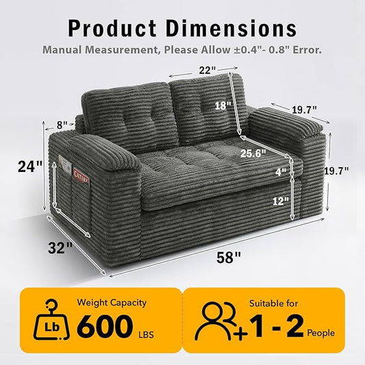 Loveseat Sofa, 58in Boneless Cloud Couch for Living Room 2 Seater Modern Lounge Sleeper Couch with Removable Cover Corduroy Sofa with Armrest Dark Grey