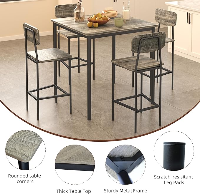 Kitchen Table and Chairs of 4, 5 Piece Dining Table Set, Sturdy Industrial Space Saving Dinette Set for Pub, Family Dinners, Apartment, Gray