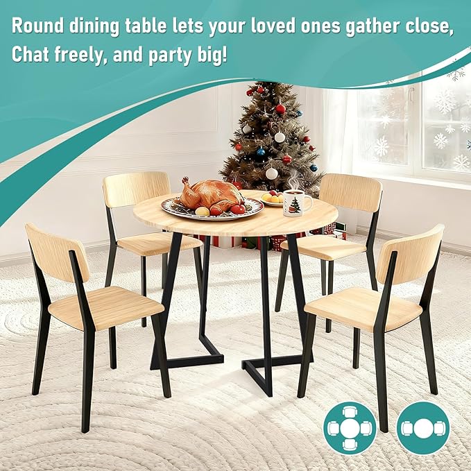Karl home 35.4in Small Dining Table, Round Dining Table with Wood Finish Wing-Shaped Steel Legs, Circle Dinner Tables for Small Space, Apartment, Office, Kitchen, for 2 to 4 Person-Natural