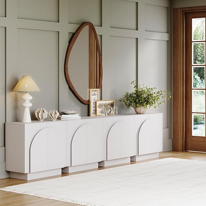 Nathan James Iris Mid-Century Modern Credenza, White TV Stand, Living Room Wood Storage Cabinet with Arched Cabinet Doors, Set of 4