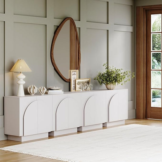 Nathan James Iris Mid-Century Modern Credenza, White TV Stand, Living Room Wood Storage Cabinet with Arched Cabinet Doors, Set of 4