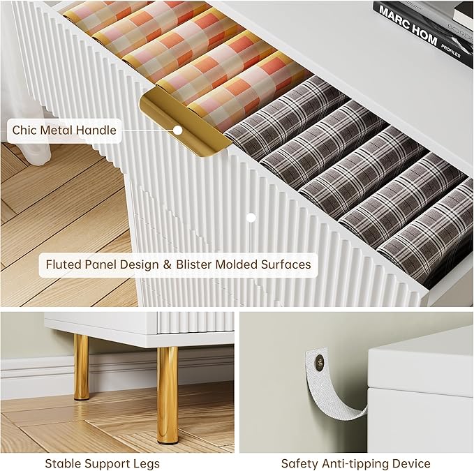 IDEALHOUSE White Dresser, Modern 3 Drawer Dresser for Bedroom with Gold Handle and Large Drawer, Wood Double Chest of Drawers and Storage Organizer for Living Room, Hallway, Entryway