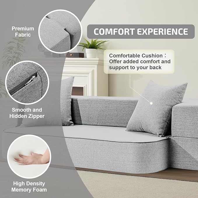 SUYOLS 2-in-1 Folding Sofa Bed with Pillows - Folding Chair Floor Couch & Sleeping Mattress - Washable Cover & Memory Foam Sleeper Chair for Living Room/Guest Room/Apartment/Loft, Light Gray, Twin