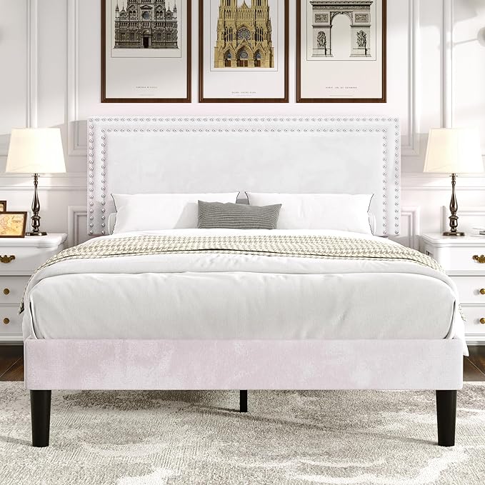 VECELO Full Bed Frame with Adjustable Upholstered Headboard, Wooden Slats Platform, Noise-Free Design, Easy Assembly