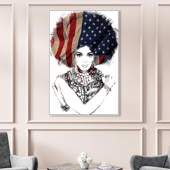 The Oliver Gal Artist Co. People Framed Wall Art Canvas Prints 'New American Woman' Portraits Home Décor, 36" x 54", White, Black