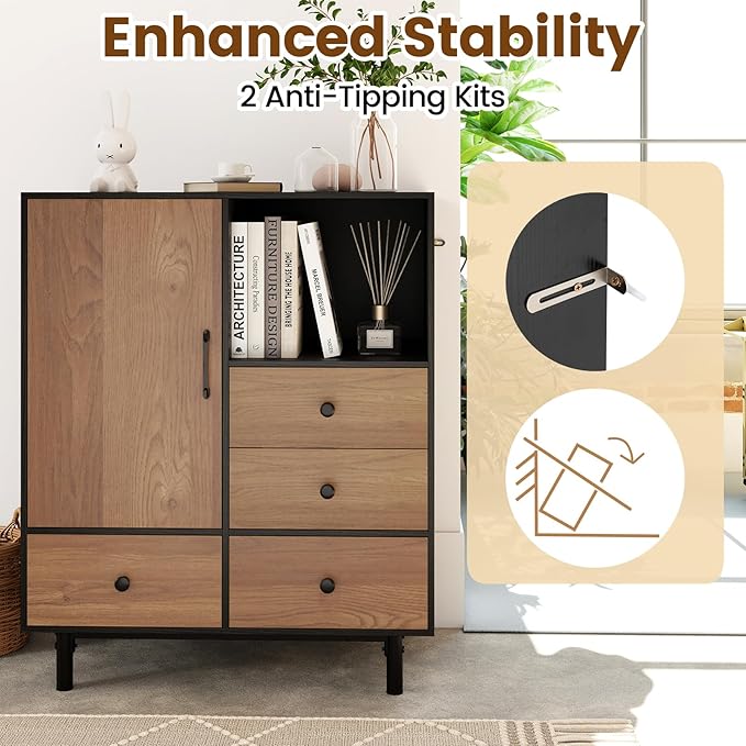 Giantex Storage Cabinet with 4 Drawers, Door and Open Compartment, 18" x 31.5" x 38.5" Inches, Metal Support Legs, Freestanding Side Cabinet, Buffet Sideboard for Living Room, Dining Room, Entryway