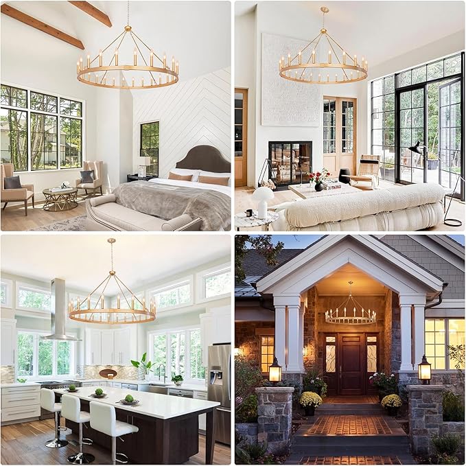 Gold Wagon Wheel Chandelier 48-Inch 24-Light, Extra Large Round Rustic Farmhouse Chandeliers for Outdoor Porch high Ceilings Dining Room Living Room Foyer Entryway